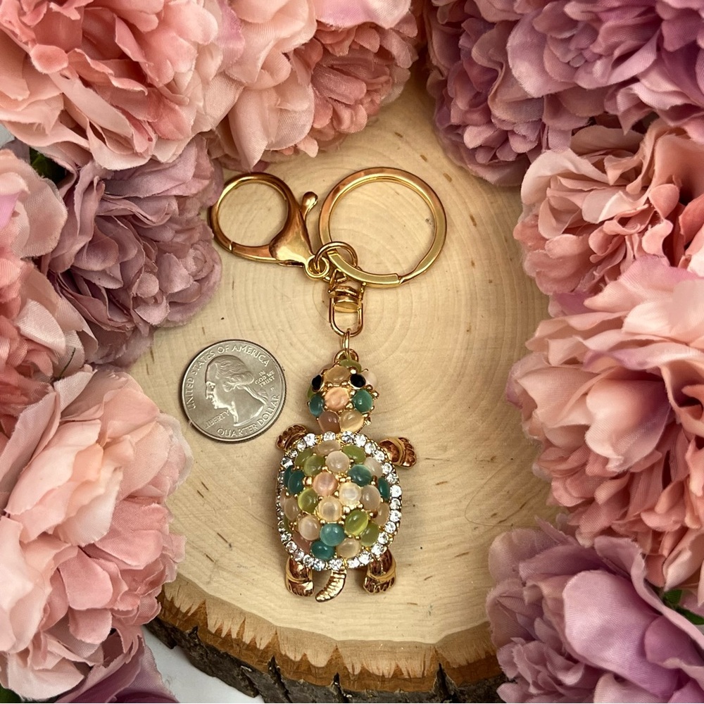 Gorgeous Crystal and Beaded Pastel Turtle Keychain Charm - Picture 14 of 16